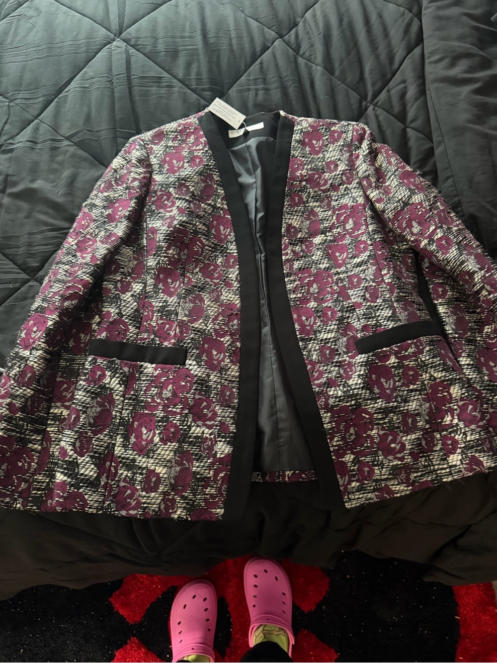 Kasper Floral Bouclé Open-Front Jacket in Plum and Black